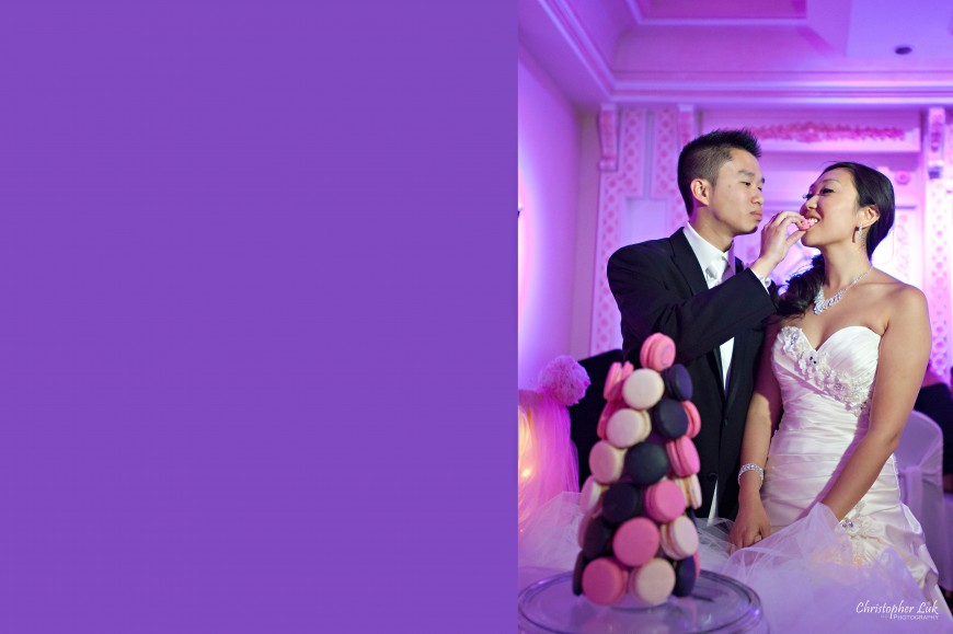 Christopher Luk Wedding 2011 - Sophia and Johnny - Composite 009 PS CLP S Christopher Luk Wedding 2011 - Toronto Vaughan - Sophia and Johnny - Kleinburg Main Street - Bride and Groom Cut the Cake Macaron