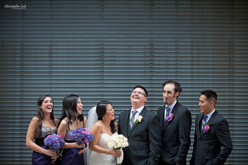 Christopher Luk 2012 - Cindy and Walter's Wedding - Westin Prince Hotel Downtown Toronto Grand Luxe Event Boutique - Modern Urban Wedding Bridal Party Creative Relaxed Portrait Session Bride Groom Bridesmaids Groomsmen Financial District Laugh Laughing Smile Smiling