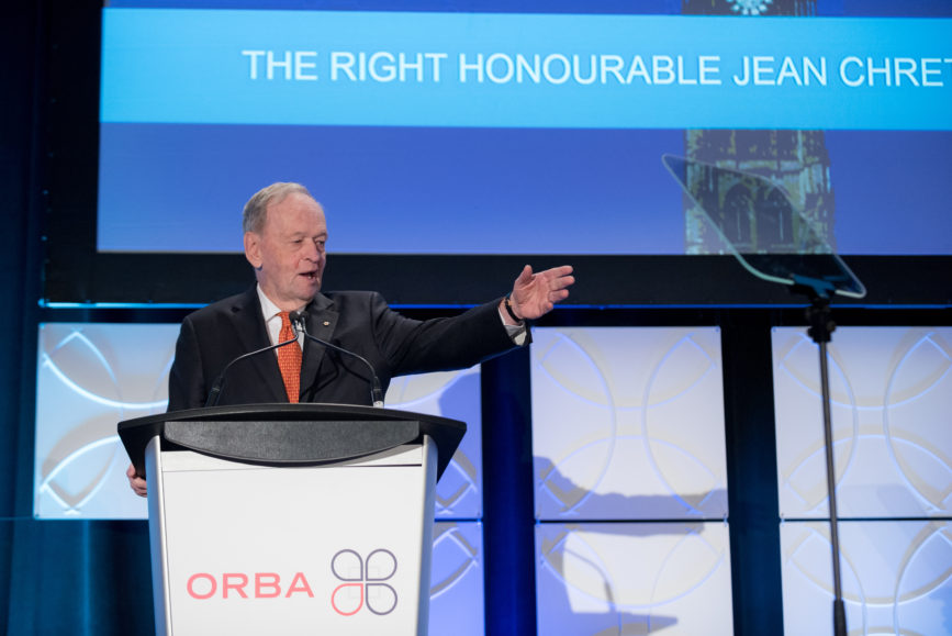 ORBA 2016 Ontario Road Builders Association Annual General Meeting Convention Expo Infrastructure Transportation Fairmont Royal York Hotel Toronto Conference Event Photographer - Canadian Room Keynote Speaker Speech Prime Minister Canada Right Honourable Jean Chretien Hand