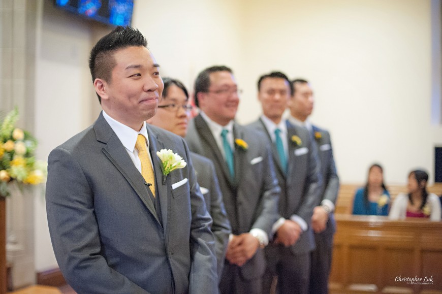 Christopher Luk 2013 - Emily and Ken's Spring Wedding - Glenview Presbyterian Church and Chateau Le Jardin Conference & Event Centre Venue - Toronto Wedding Portrait Lifestyle Photographer - Ceremony Groom Groomsmen Facial Expression Smile