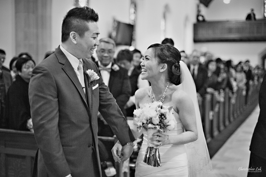 Christopher Luk 2013 - Emily and Ken's Spring Wedding - Glenview Presbyterian Church and Chateau Le Jardin Conference & Event Centre Venue - Toronto Wedding Portrait Lifestyle Photographer - Ceremony Groom and Bride Walking Down Aisle Together Happy Smile Tears of Joy Black and White