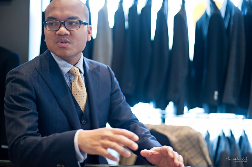 Christopher Luk Wedding - Garrison Bespoke - Toronto Financial District Custom Suit Shirt Tuxedo Sportcoat Overcoat Shoes Tailors - Michael Nguyen Davie Tham JS Vann - Soks Walking Through the Process Blue Pinstripe