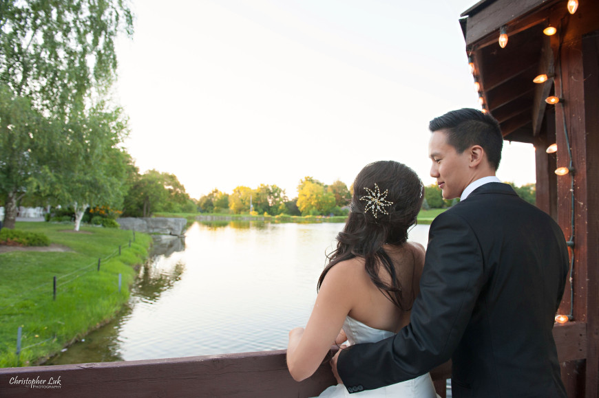 Christopher Luk 2013 - Yanto and Jon's Wedding - The Manor By Peter and Paul's - Toronto Wedding Event Photographer - Bride and Groom Creative Relaxed Natural Portrait Session Gazebo Lake Landscape Water Reflection Christmas Lights Crystal Hair Piece