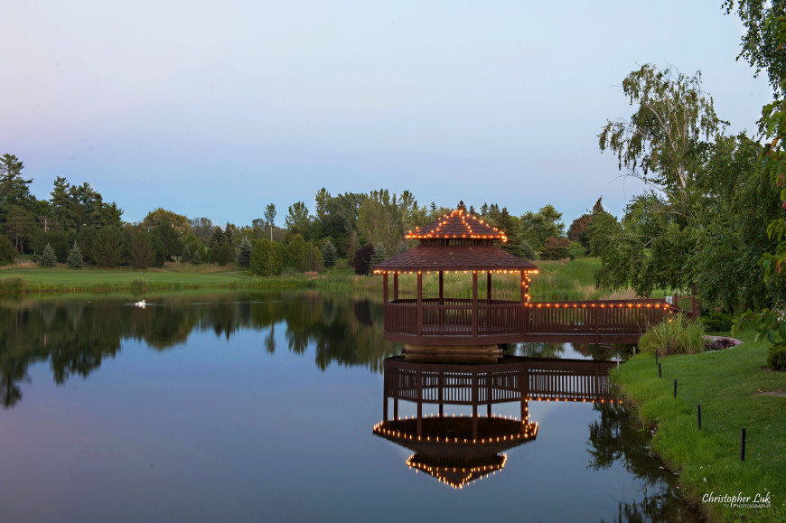 Christopher Luk 2013 - Yanto and Jon's Wedding - The Manor By Peter and Paul's - Toronto Wedding Event Photographer - Kettleby King City Event Venue Exterior Gazebo Lake Pond Swan Christmas Lights Water Reflection Sunset Dusk Landscape