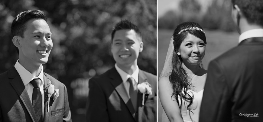 Christopher Luk 2013 - Yanto and Jon's Wedding - The Manor By Peter and Paul's - Toronto Wedding Event Photographer - Bride and Groom Best Man Reaction of Bride Walking Down the Aisle Ceremony Smile Cute Black and White