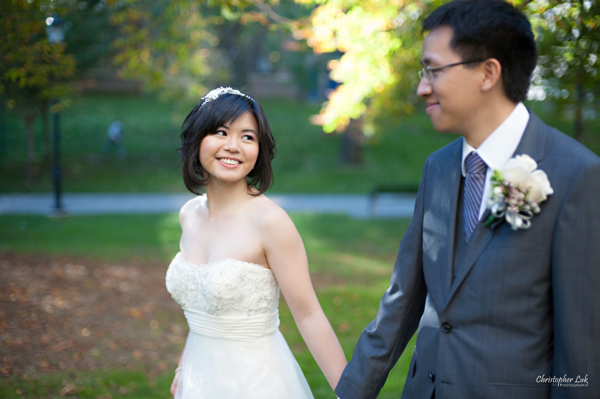 Christopher Luk 2013 - Grace and Victor's Wedding - Sassafraz Restaurant Yorkville Royal Ontario Museum Downtown Toronto Event Photographer - Bride and Groom Creative Natural Relaxed Portrait Session Photojournalistic Candid Walking Smile Autumn Fall Leaves