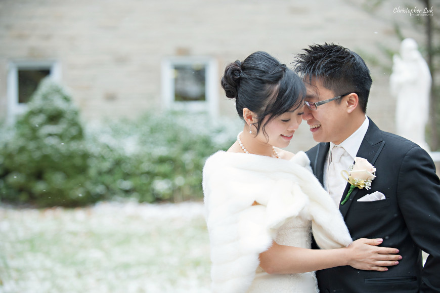 Christopher Luk 2013 - Carmen and Joshua's Winter Wedding - Tyndale University College & Seminary Chapel Carmelina Restaurant - Markham Scarborough Thornhill Toronto Wedding Event Lifestyle Photographer - Bride and Groom Creative Relaxed Portrait Session Superior Bridal Pronovias Hug Smile