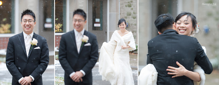 Christopher Luk 2013 - Carmen and Joshua's Winter Wedding - Tyndale University College & Seminary Chapel Carmelina Restaurant - Markham Scarborough Thornhill Toronto Wedding Event Lifestyle Photographer - Bride and Groom Reaction First Look Reveal Superior Bridal Pronovias Hug Smile