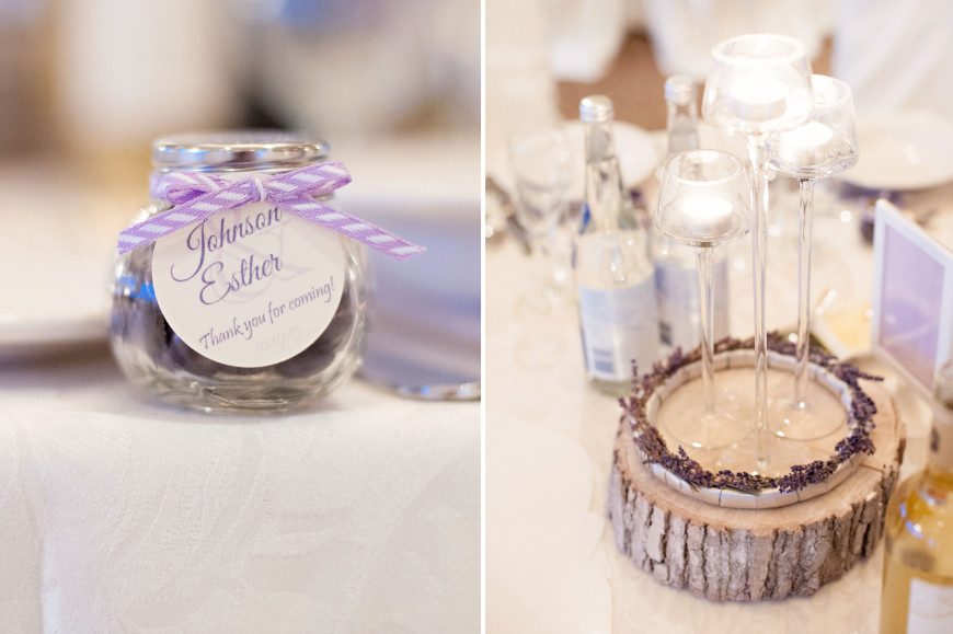 Christopher Luk 2013 - Esther and Johnson's Wedding - The Manor Event Venue By Peter and Pauls Hilton Markham Novotel Vaughan - Toronto Wedding Photographer - Dinner Reception Details Twist Jars of Smarties M&M Chocolates with Purple Ribbon Glass Candle Wood Lavender Centrepieces