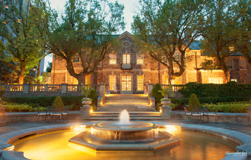 Christopher Luk - Toronto Wedding Portrait Event Photographer - Graydon Hall Manor - Rear Backyard Patio Garden Exterior Evening Lighting Sunset Landscaping Estate Stone Windows Fountain Long Exposure Old Trees