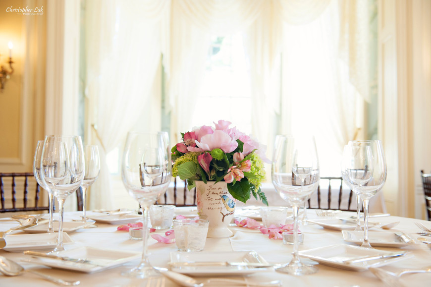 Christopher Luk - Toronto Wedding Portrait Event Photographer - Graydon Hall Manor - Floral Arrangements Centrepiece Pink Roses Peonies Lilies Billy Buttons Balls Daisies Craspedia Hydrangeas Flowers Vase Vintage Ceramic Table Setting Flatware Glassware Wine Glasses