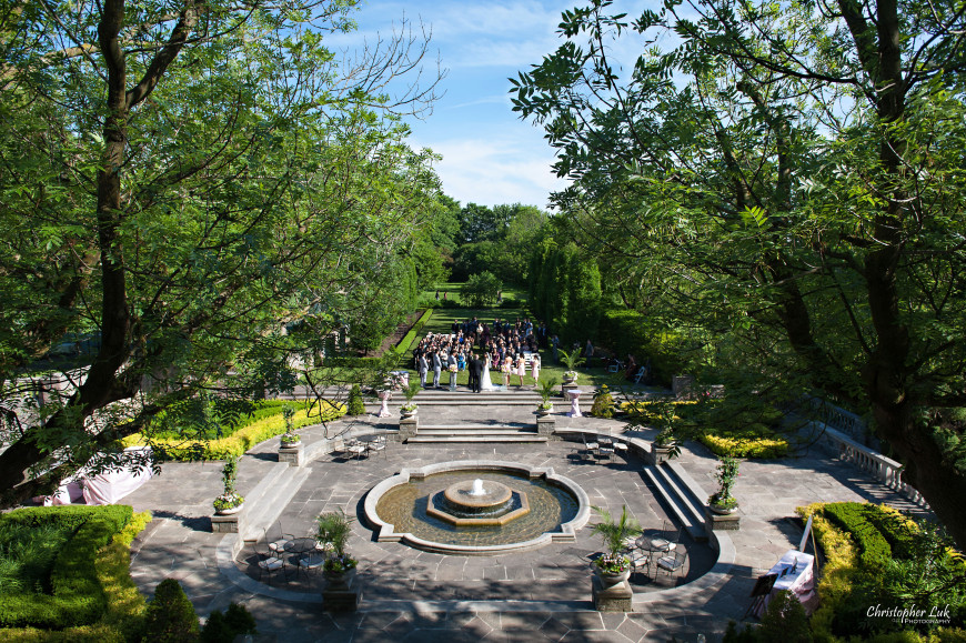 Christopher Luk - Toronto Wedding Portrait Event Photographer - Graydon Hall Manor - Outdoor Ceremony Rear Backyard Patio Garden Exterior Landscaping Estate Stone Fountain Old Trees Afternoon Morning Sunny