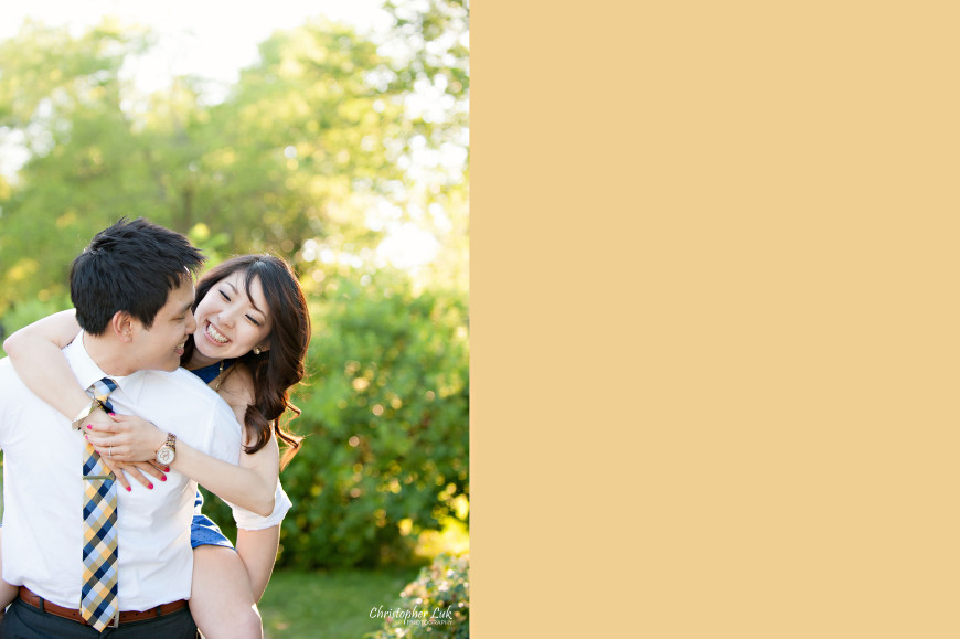 Christopher Luk 2014 - Heidi and Ming-Yun Engagement Session - Markham Richmond Hill Wedding Event Photographer - Candid Relaxed Natural Photojournalistic Sunset Golden Hour Hug Smile Laugh Piggyback