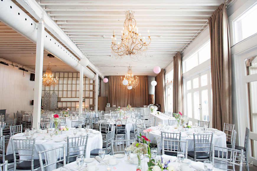 Christopher Luk 2014 - Candy and Francis' Wedding - Grand Hotel Berkeley Field House Evergreen Brick Works - Toronto Wedding Event Photographer - Reception Venue Outdoor Tent Interior Indoor Fieldhouse Wide Room Curtains Chiavari Chairs Gerbera Daisy Centrepieces Length