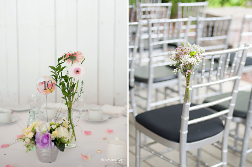 Christopher Luk 2014 - Candy and Francis' Wedding - Grand Hotel Berkeley Field House Evergreen Brick Works - Toronto Wedding Event Photographer - Reception Venue Outdoor Tent Interior Indoor Chiavari Chairs Floral Flower Decor Gerbera Daisies Centrepieces