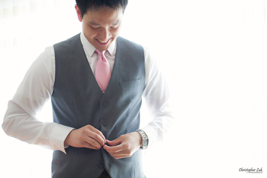 Christopher Luk 2014 - Heidi and Ming-Yun's Wedding - Courtyard Marriott Markham Thornhill Presbyterian Church Chinese Cuisine - Groom Getting Ready Candid Photojournalistic Natural Vest Smile