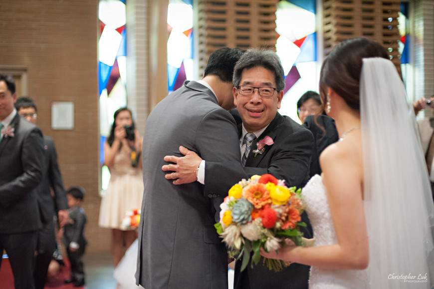 Christopher Luk 2014 - Heidi and Ming-Yun's Wedding - Courtyard Marriott Markham Thornhill Presbyterian Church Chinese Cuisine - Bride and Groom Ceremony Natural Candid Photojournalistic Father Hug Smile