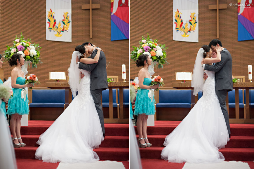 Christopher Luk 2014 - Heidi and Ming-Yun's Wedding - Courtyard Marriott Markham Thornhill Presbyterian Church Chinese Cuisine - Bride and Groom Ceremony Natural Candid Photojournalistic First Kiss