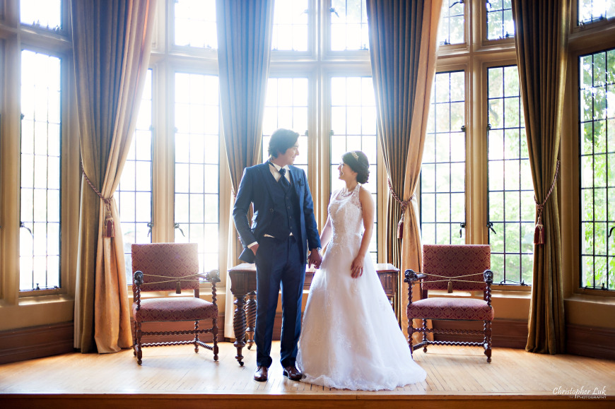 Christopher Luk 2014 - Mikiko and George's Casa Loma Wedding - Toronto Event Lifestyle Photographer - Bride and Groom Creative Relaxed Portrait Session Photojournalistic Natural Candid Interior Castle Bay Window Room Curtains Chairs Antique