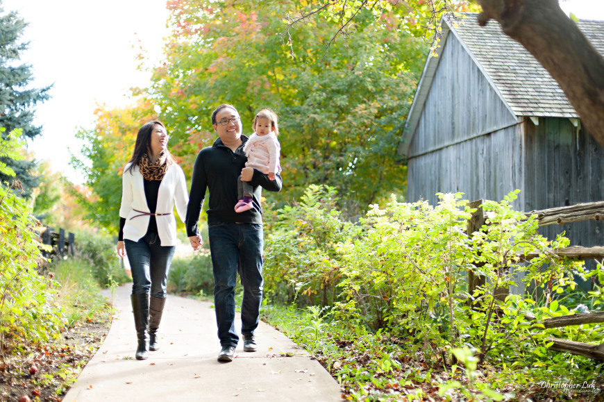 Christopher Luk 2014 - The C Family Baby Toddler Girl Lifestyle Session - Toronto Wedding Event Photographer - Mother Father Mom Dad Daughter Toddler Baby Girl Walking Smiling Autumn Fall Leaves Photojournalistic Candid Natural Relaxed Barn