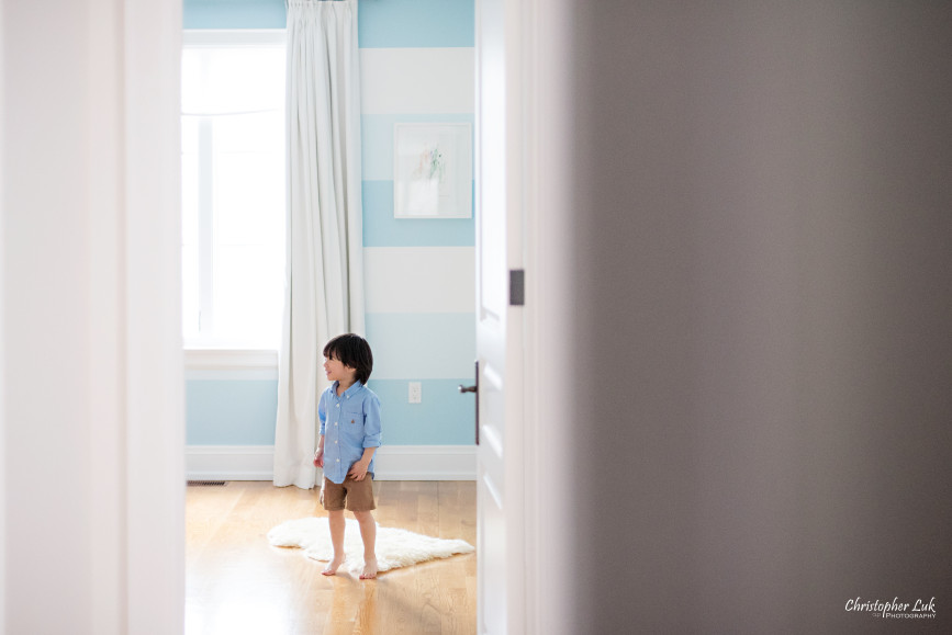 Christopher Luk 2015 - Toronto Family Toddler Winter Spring Indoor Home Session - Toddler Son Boy Blue Shirt Fashion Children Lifestyle Bedroom Fun Candid Photojournalistic