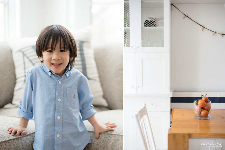 Christopher Luk 2015 - Toronto Family Toddler Winter Spring Indoor Home Session - Toddler Son Boy Smile Laugh Blue Shirt Fashion White Kitchen Bench Chairs Table Orange Vase Detail