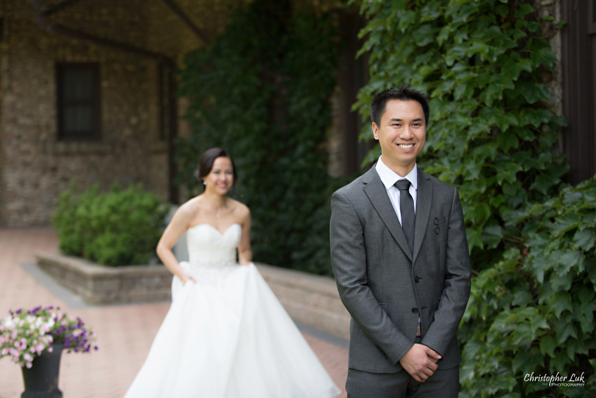 Christopher Luk 2015 - Karen and Scott's Wedding - Miller Lash House University Toronto Scarborough UTSC Outdoor Summer Ceremony Reception - Bride Groom Photojournalistic Candid Natural Relaxed First Look Reveal Smile Anticipation