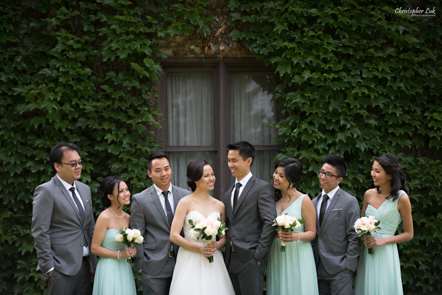 Christopher Luk 2015 - Karen and Scott's Wedding - Miller Lash House University Toronto Scarborough UTSC Outdoor Summer Ceremony Reception - Bride Groom Photojournalistic Candid Natural Relaxed Hug Green Vine Wall Happy Smile Bridal Party