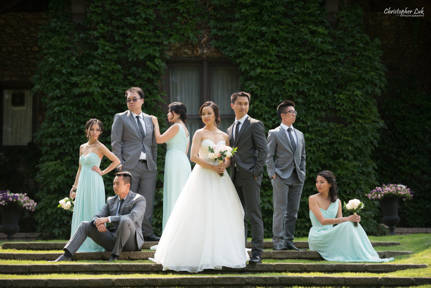 Christopher Luk 2015 - Karen and Scott's Wedding - Miller Lash House University Toronto Scarborough UTSC Outdoor Summer Ceremony Reception - Bride Groom Photojournalistic Candid Natural Relaxed Hug Green Vine Wall Bridal Party Vogue Vanity Fair Hollywood Reporter Posed Group