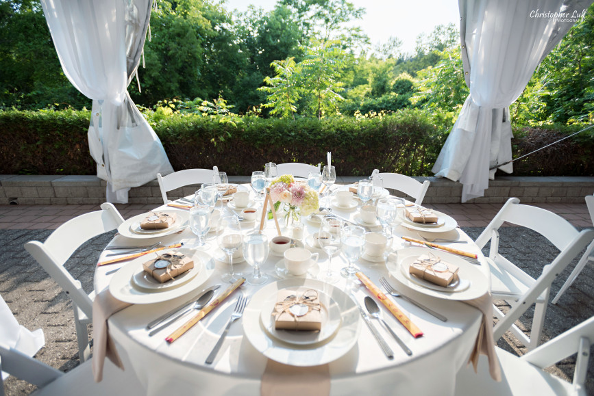 Christopher Luk 2015 - Karen and Scott's Wedding - Miller Lash House University Toronto Scarborough UTSC Outdoor Summer Ceremony Reception - Dinner Table Setting Detail Favours Centrepieces Chopsticks Apple Blueberry Pie Box Chinese 12 Course Dinner Jacky Young Grand Catering