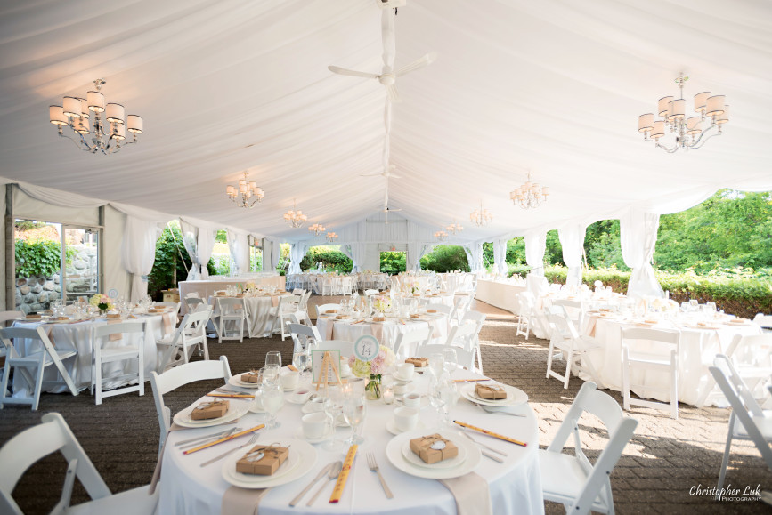 Christopher Luk 2015 - Karen and Scott's Wedding - Miller Lash House University Toronto Scarborough UTSC Outdoor Summer Ceremony Reception - Dinner Table Setting Detail Favours Centrepieces Chopsticks Apple Blueberry Pie Box Chinese 12 Course Dinner Jacky Young Grand Catering Wide White Tent