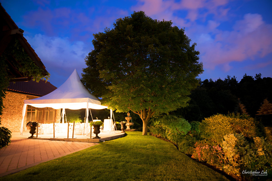 Christopher Luk 2015 - Karen and Scott's Wedding - Miller Lash House University Toronto Scarborough UTSC Outdoor Summer Ceremony Reception - Venue Night Time Nighttime Evening Sunset Garden Estate Tree Cocktail Tables Chairs Tent