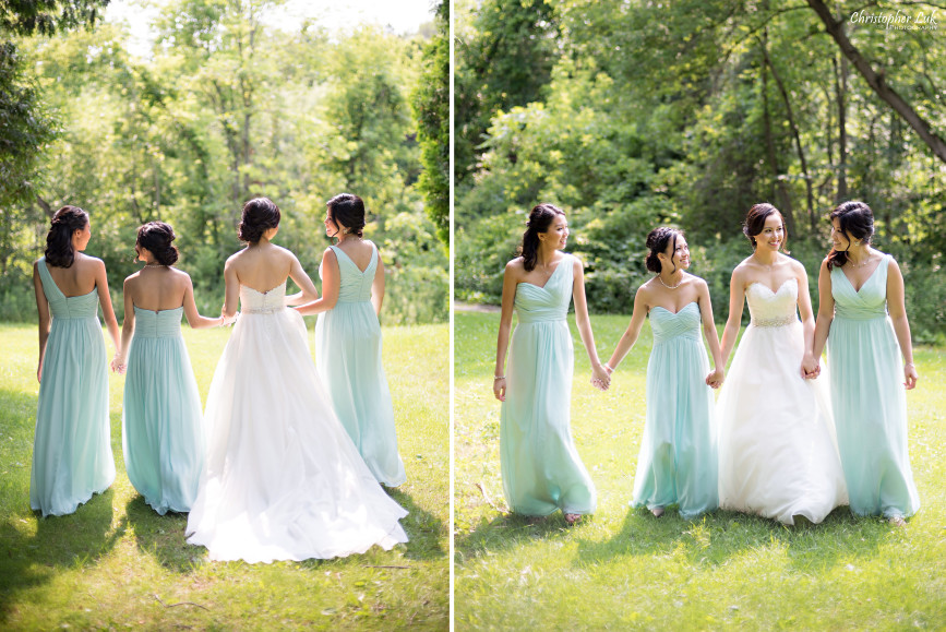 Christopher Luk 2015 - Karen and Scott's Wedding - Miller Lash House University Toronto Scarborough UTSC Outdoor Summer Ceremony Reception - Bride Photojournalistic Candid Natural Relaxed Maid of Honour Bridesmaid Fairy Baby Blue Dress Walking