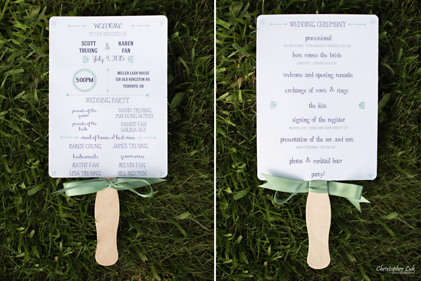 Christopher Luk 2015 - Karen and Scott's Wedding - Miller Lash House University Toronto Scarborough UTSC Outdoor Summer Ceremony Reception - Program Paper Fan Design Stationary Stationery Green Ribbon