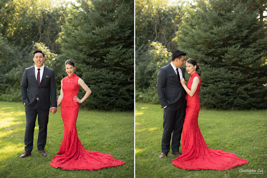 Christopher Luk 2015 - Vannessa and Daniel's Brampton Summer Outdoor Backyard Tea Ceremony Family Wedding Engagement Party Celebration - Bride Groom Navy Blue Suit Asian Red Dress Long Circular Wrapping Sweep Court Chapel Cathedral Train Creative Relaxed Natural Portraits