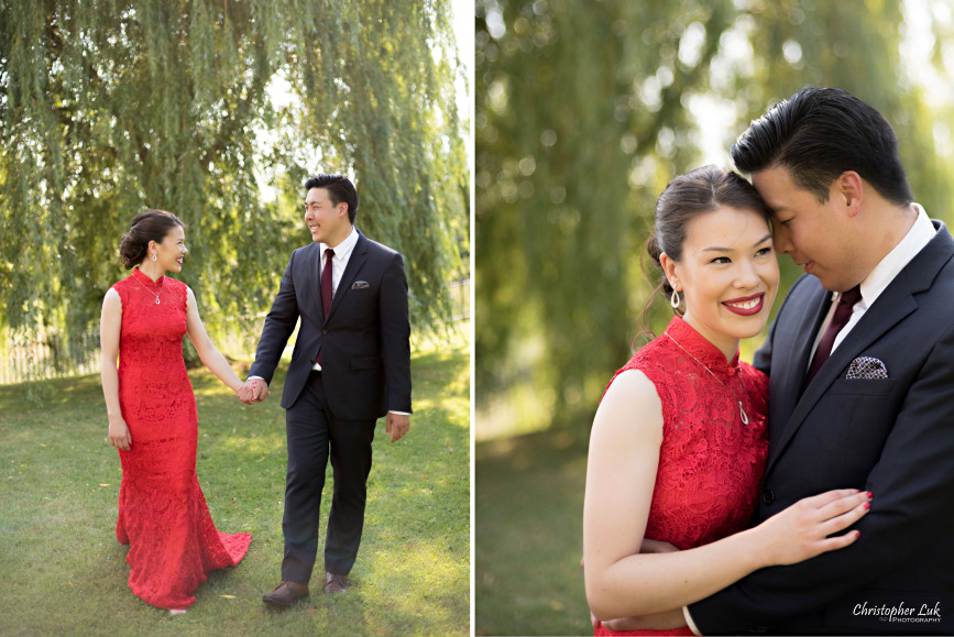 Christopher Luk 2015 - Vannessa and Daniel's Brampton Summer Outdoor Backyard Tea Ceremony Family Wedding Engagement Party Celebration - Bride Groom Navy Blue Suit Asian Red Dress Creative Relaxed Natural Portraits Walking Hug Smile