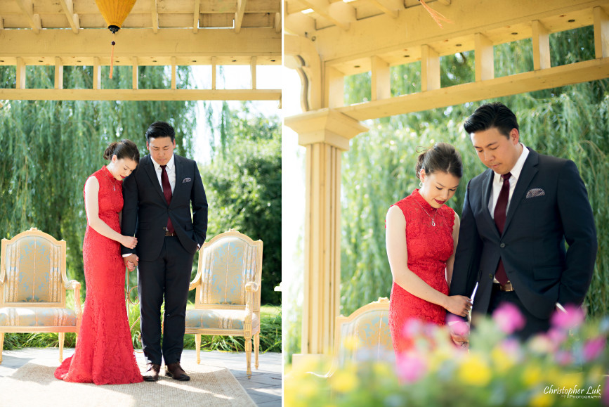 Christopher Luk 2015 - Vannessa and Daniel's Brampton Summer Outdoor Backyard Tea Ceremony Family Wedding Engagement Party Celebration - Bride Groom Navy Blue Suit Asian Red Dress Prayer Praying Photojournalistic Natural Candid Ceremony