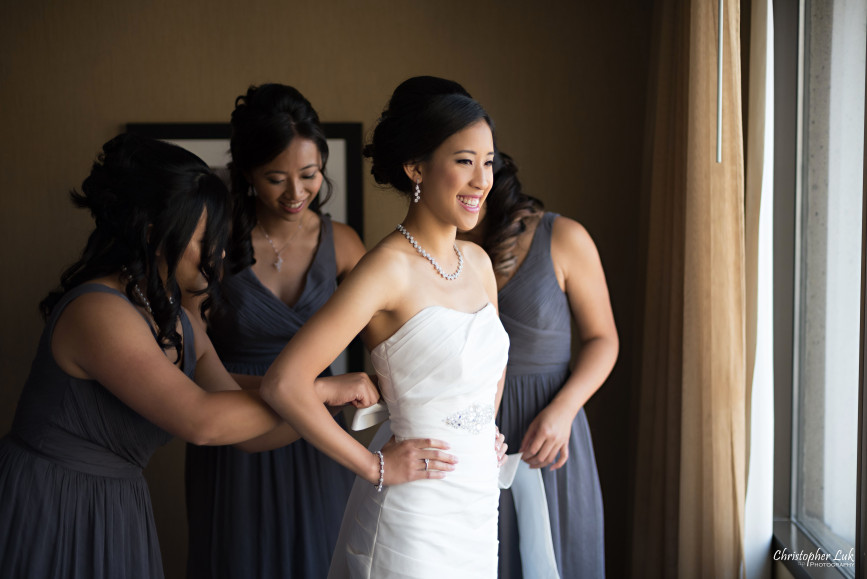 Christopher Luk 2015 - Jaynelle and Ernest's Wedding - Toronto Chinese Baptist Church Osgoode Hall Argonaut Rowing Club Henley Room Waterfront Venue - Photojournalistic Natural Candid Smile Bride Getting Ready Crystal White Gold Necklace Bridesmaids Maid Matron of Honour White Bridal Dress Gown