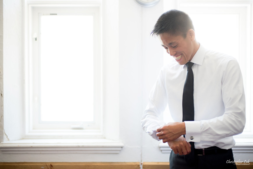 Christopher Luk 2015 - Jaynelle and Ernest's Wedding - Toronto Chinese Baptist Church Osgoode Hall Argonaut Rowing Club Henley Room Waterfront Venue - Photojournalistic Natural Candid Smile Groom Custom Made to Measure Grey Suit Getting Ready Cuff Links Black Tie