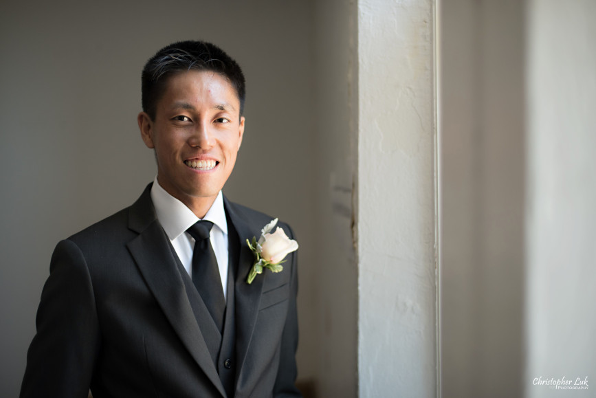 Christopher Luk 2015 - Jaynelle and Ernest's Wedding - Toronto Chinese Baptist Church Osgoode Hall Argonaut Rowing Club Henley Room Waterfront Venue - Photojournalistic Natural Candid Smile Groom Custom Made to Measure Grey Suit Portrait