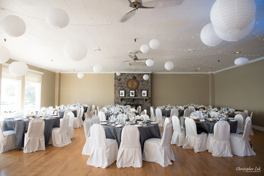 Christopher Luk 2015 - Jaynelle and Ernest's Wedding - Toronto Chinese Baptist Church Osgoode Hall Argonaut Rowing Club Henley Room Waterfront Venue - Dinner Reception Table Decor Centrepieces Ceiling Hanging Paper Lanterns String Lights