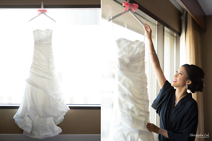 Christopher Luk 2015 - Jaynelle and Ernest's Wedding - Toronto Chinese Baptist Church Osgoode Hall Argonaut Rowing Club Henley Room Waterfront Venue - Bride Creative Relaxed Portrait Session Photojournalistic Natural Candid Posed Bridal Gown Dress White Hanger Pink Ribbon