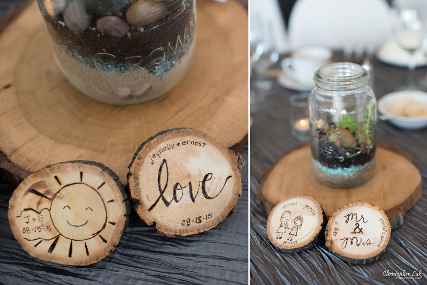 Christopher Luk 2015 - Jaynelle and Ernest's Wedding - Toronto Chinese Baptist Church Osgoode Hall Argonaut Rowing Club Henley Room Waterfront Venue - Dinner Reception Table Decor Centrepieces Personalized Tree Wood Branch Log Slices Slabs Decoration Rustic Favours Terrarium Engraved