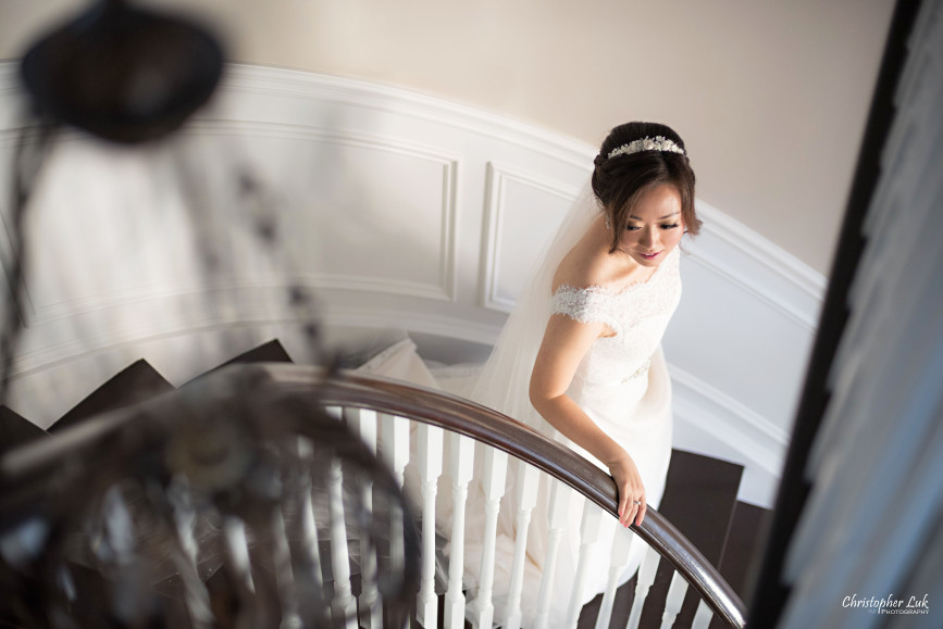 Angus Glen Golf Club Autumn Fall Markham Wedding - Bride Getting Ready Photojournalistic Natural Candid Posed Walking Down Curved Chandelier Grand Staircase