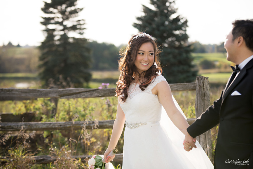 Angus Glen Golf Club Autumn Fall Markham Wedding - Bride Groom Creative Relaxed Portrait Session Photojournalistic Natural Candid Posed Sunset Golden Hour Kleinfeld White Bridal Gown Blue Walking Smile Fence
