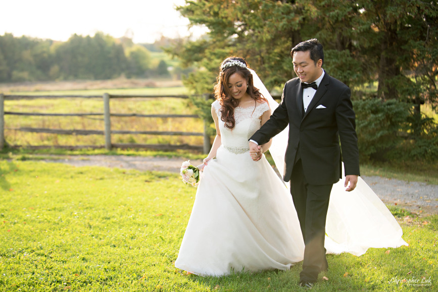 Angus Glen Golf Club Autumn Fall Markham Wedding - Bride Groom Creative Relaxed Portrait Session Photojournalistic Natural Candid Posed Sunset Golden Hour Kleinfeld White Bridal Gown Dress Walking Together Smile