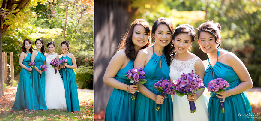 Fall Autumn Wedding Creative Relaxed Portrait Session Photojournalistic Candid Natural Posed Black Creek Pioneer Village Bride Bridesmaids Floral Bouquets Trees Leaves