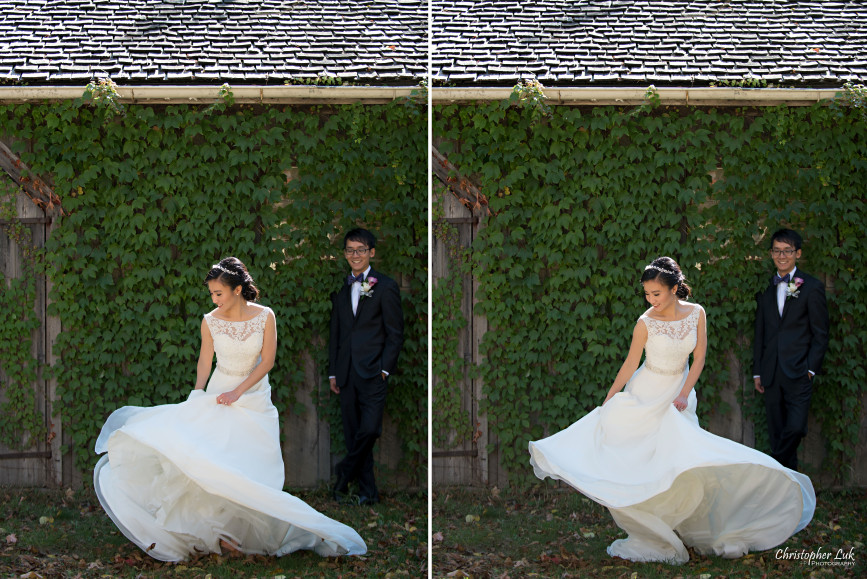 Fall Autumn Wedding Creative Relaxed Portrait Session Photojournalistic Candid Natural Posed Black Creek Pioneer Village Trees Leaves Bride Groom Walk Hug Smile Backlit Bridal Gown Dress Train Motion