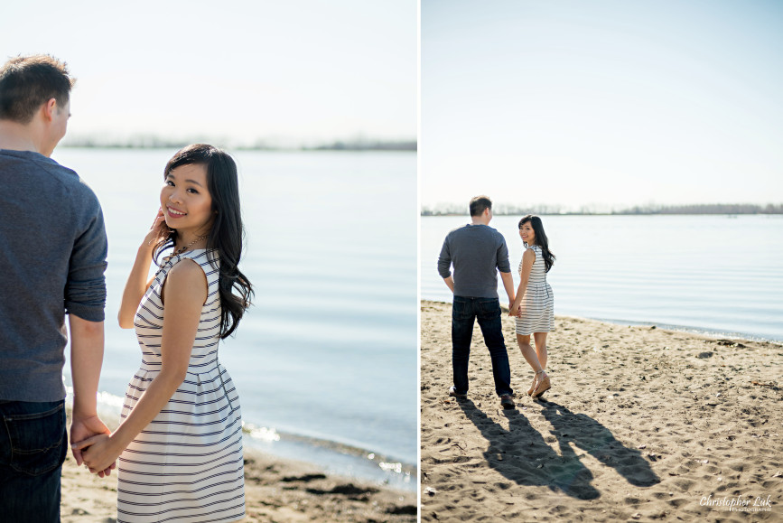 Christopher Luk Toronto Wedding Portrait Event Photographer Cherry Beach Spring Outdoor Park Engagement Session Bride Groom Natural Candid Photojournalistic Walk Shadow Sand Smile