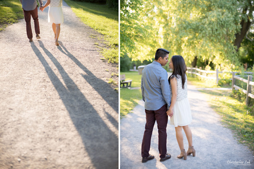Christopher Luk (Toronto Wedding, Portrait & Event Photographer): Victoria and Jason’s Engagement Session at Main Street Unionville Markham TooGood Pond Park - Natural Candid Photojournalistic Bride Groom Sunset Silhouette